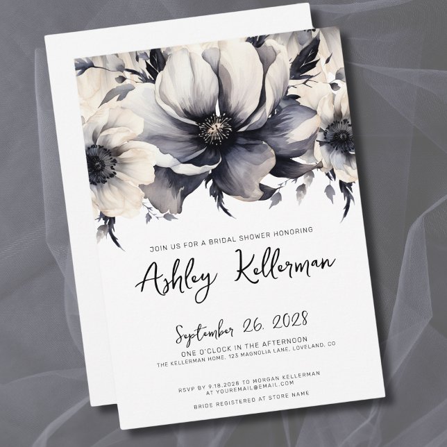 Invitation Fête des mariées florale noire blanche (Elegant Modern Floral Black White Bridal Shower Invitation)