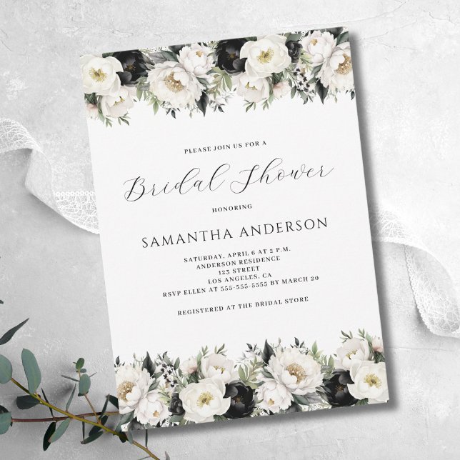 Invitation Fête des mariées florale noire blanche (Créateur téléchargé)