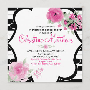 Invitation Fête des mariées florale noire, blanche, rose