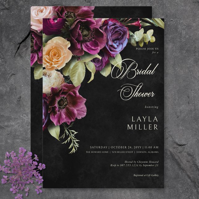 Invitation Fête des mariées florale noire foncée et élégante (Dark Elegant Black Dramatic Floral Bridal Shower Invitation)