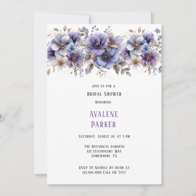 Invitation Fête des mariées florale peinte en bleu violet (Devant)