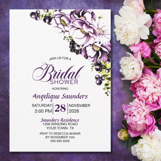 Invitation Fête des mariées florale pourpre (Créateur téléchargé)