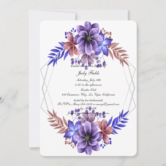 Invitation Fête des mariées Florale Purple Et Bleue Aquarelle (Devant)