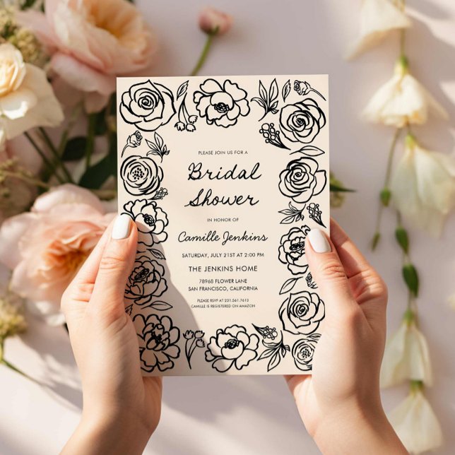 Invitation Fête des mariées florale rétro tirée à la main (Whimsical Botanical Hand Drawn Bridal shower Invitation)