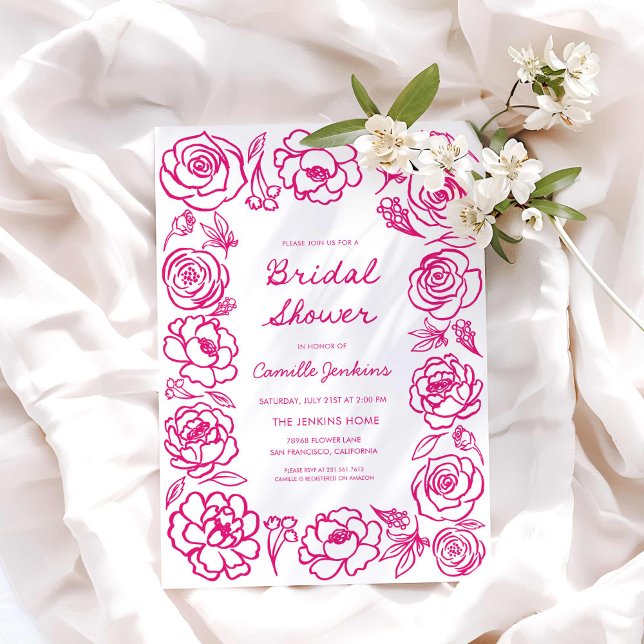 Invitation Fête des mariées florale rose blanc dessinée à la  (Whimsy Hot Pink Floral Bridal shower invitation)