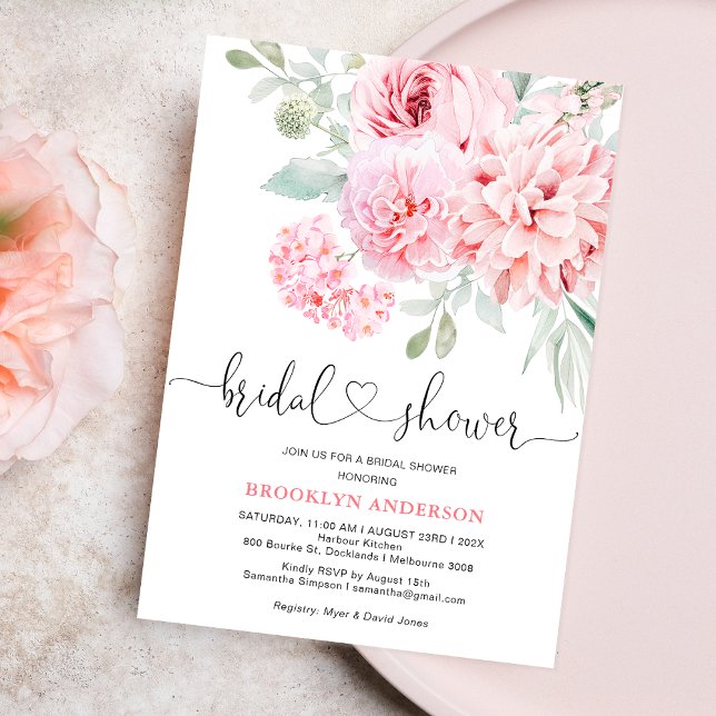 Invitation Fête des mariées florale rose Boho (Pink Floral Bridal Shower Invitation Template, Hot Pink Floral Bridal Shower, Heart, Calligraphy)