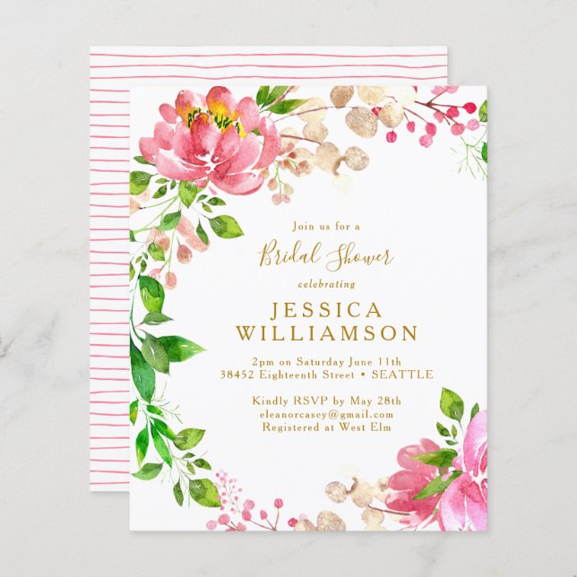 Invitation Fête des mariées florale rose budget (Devant / Derrière)