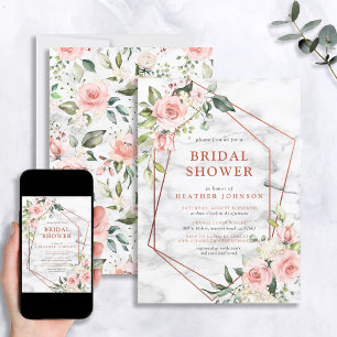 Invitation Fête des mariées florale rose géométrique en marbr