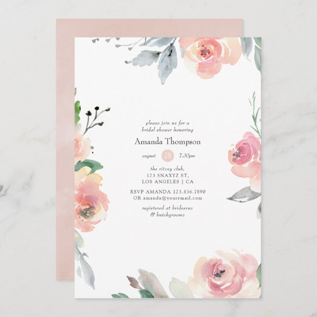 Invitation Fête des mariées florale rose pastel Blush (Devant / Derrière)