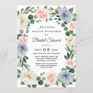 Invitation Fête des mariées florale rose rose pâle et bleu fo