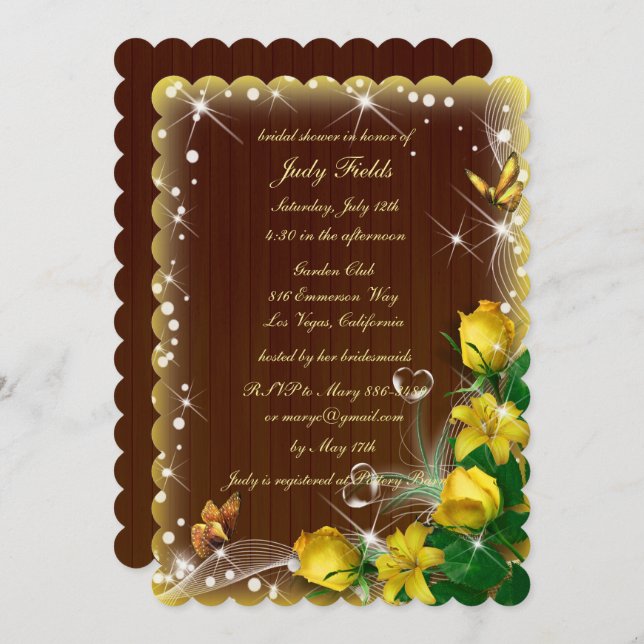Invitation Fête des mariées florale rustique en bois foncé ja (Devant / Derrière)