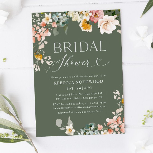 Invitation Fête des mariées florale rustique Sage Green (Créateur téléchargé)