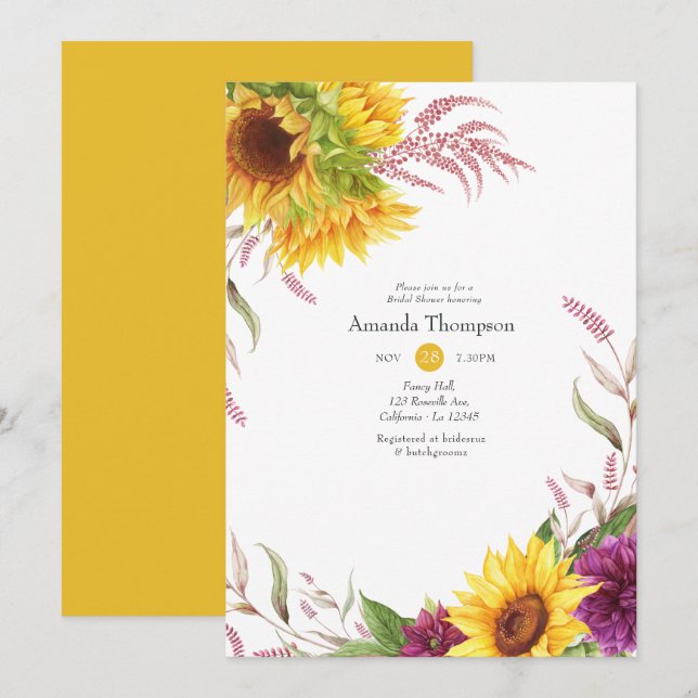 Invitation Fête des mariées florale Sun et Bourgogne (Devant / Derrière)