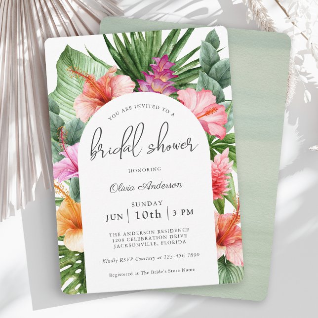 Invitation Fête des mariées florale tropicale luxuriante et L (A beautiful tropical bridal shower invitation with a luau theme.)