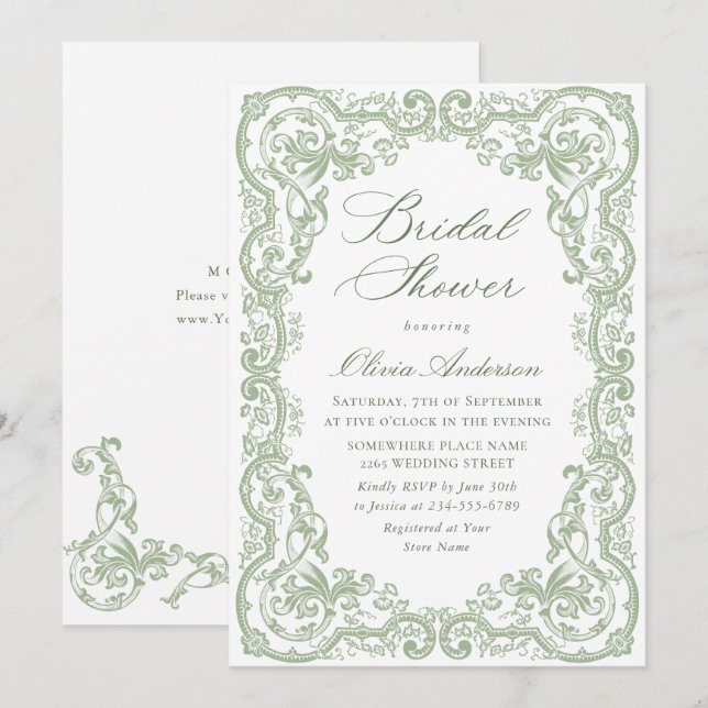Invitation Fête des mariées florale verte de la Renaissance (Devant / Derrière)