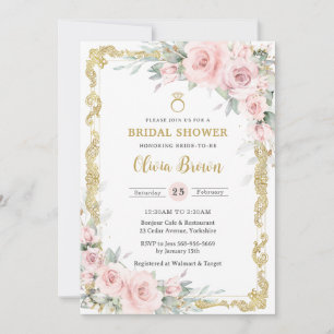 Invitation Fête des mariées florale vintage or doux rose