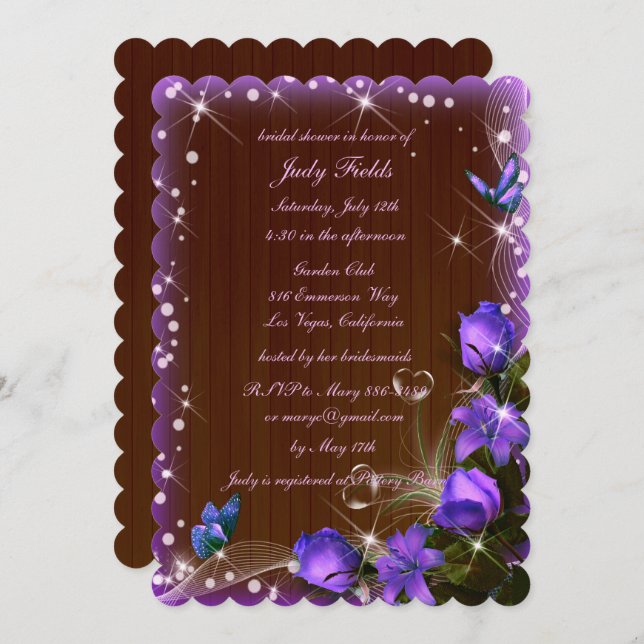 Invitation Fête des mariées florale violet en bois foncé rust (Devant / Derrière)