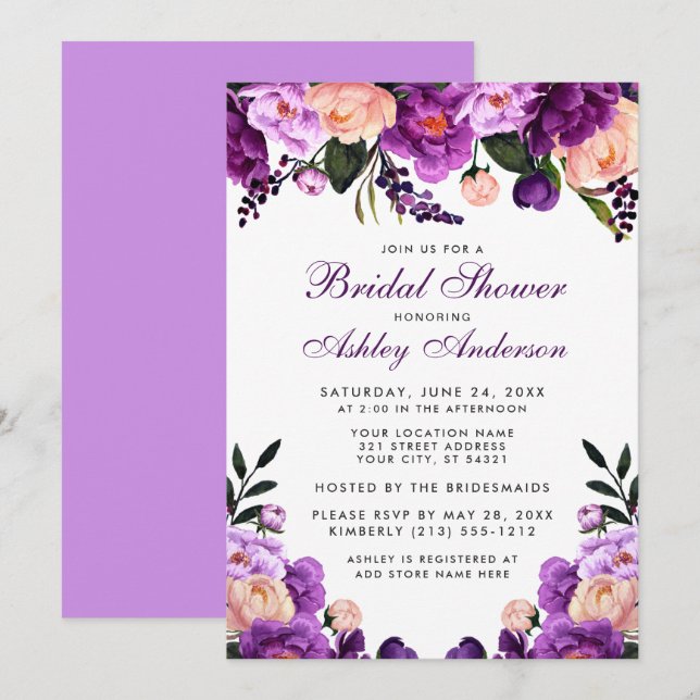Invitation Fête des mariées florale violet ultra violet Invit (Devant / Derrière)