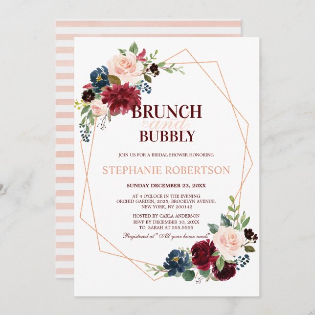 Invitation Fête des mariées géométrique florale de la Marine  (Devant / Derrière)