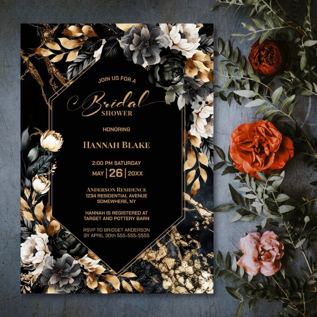 Invitation Fête des mariées géométrique Florale d'or noir (Créateur téléchargé)