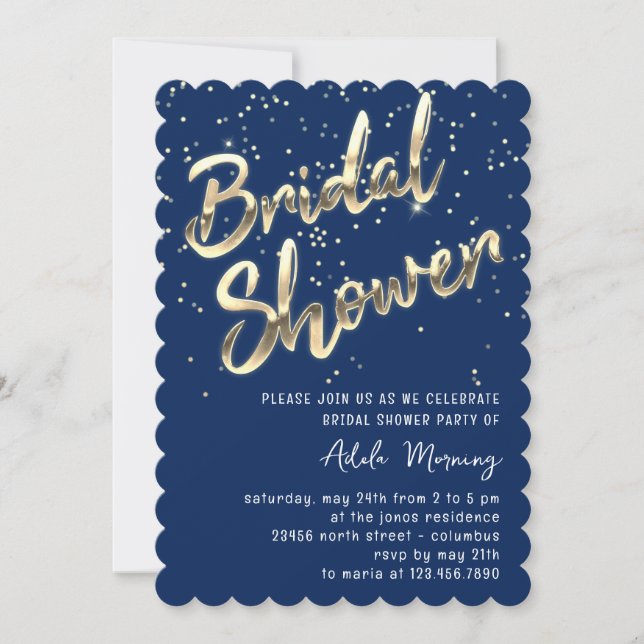 Invitation Fête des mariées Gold Confetti Script Blue Navy (Devant)