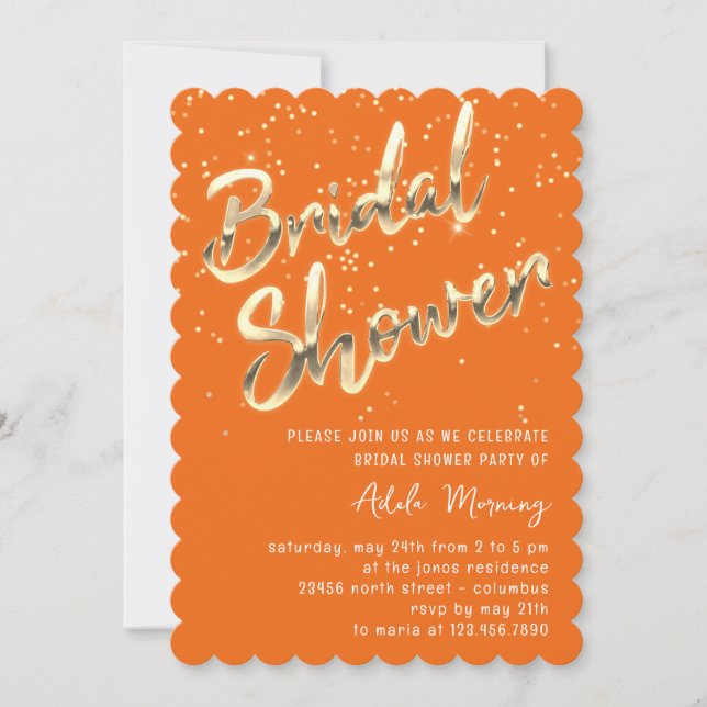 Invitation Fête des mariées Gold Confetti Script Orange (Devant)