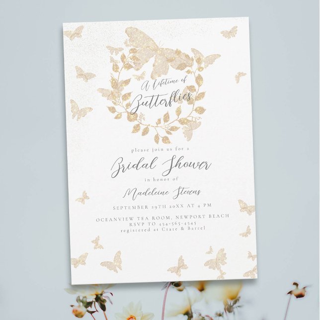 Invitation Fête des mariées Gold Eucalyptus aux papillons de  (lifetime of butterflies bridal shower theme invitation gold eucalyptus greenery wreath gold garden)