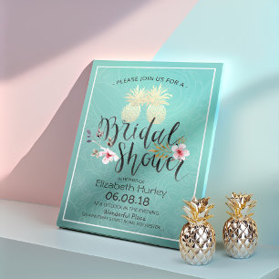 Invitation Fête des mariées Gold Foil Ananas Couple Turquoise