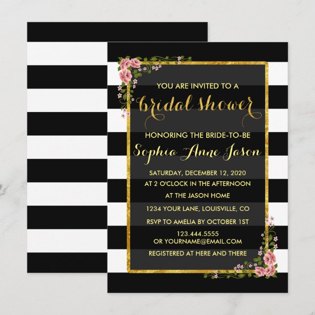 Invitation Fête des mariées Gold Foil Black Stripe (Devant / Derrière)