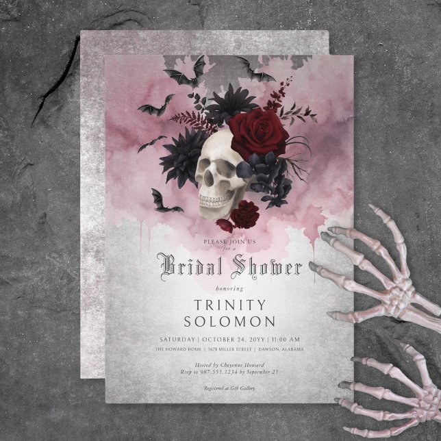 Invitation Fête des mariées gothique Noir et Bourgogne Crâne  (Gothic Black & Burgundy Skull & Bats Bridal Shower Invitation)