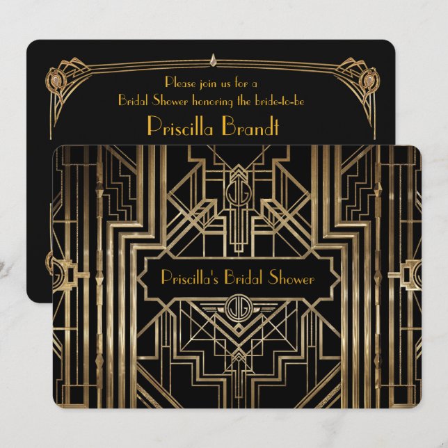 Invitation Fête des mariées, grand style Gatsby, noir (Devant / Derrière)