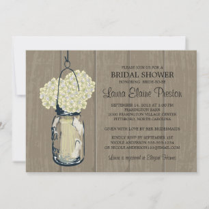 Invitation Fête des mariées Grange bois Mason Jar Hydrangeas