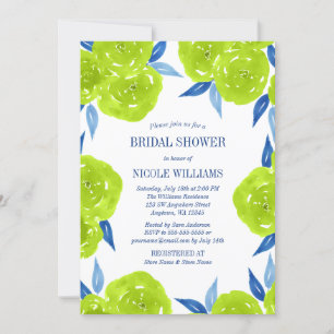 Invitation Fête des mariées Green Navy Blue Watercolor Flower