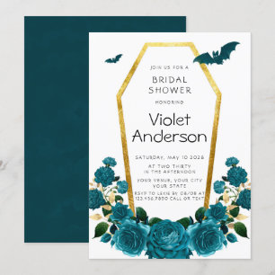 Invitation Fête des mariées Halloween Turquoise Gold Coffin F