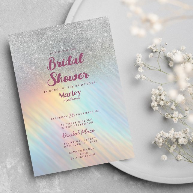 Invitation Fête des mariées holographique arc-en-ciel parties (Silver glitter rainbow holographic Bridal Shower)