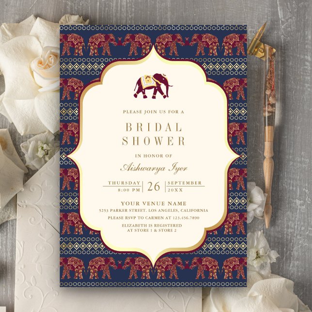 Invitation Fête des mariées indienne de l'éléphant d'or de Bo (Créateur téléchargé)