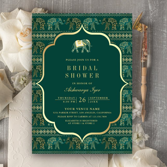 Invitation Fête des mariées indienne Emerald et Gold Elephant (Créateur téléchargé)