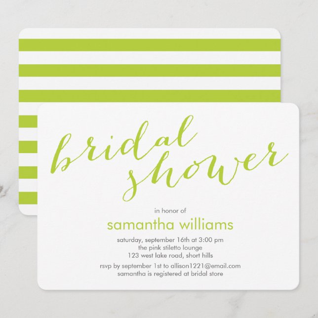 Invitation Fête des mariées Kiwi Green Stripes (Devant / Derrière)