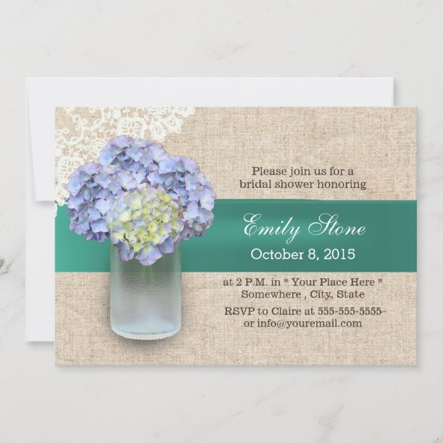 Invitation Fête des mariées Laced Burlap Hydrangea & Mason Ja (Devant)