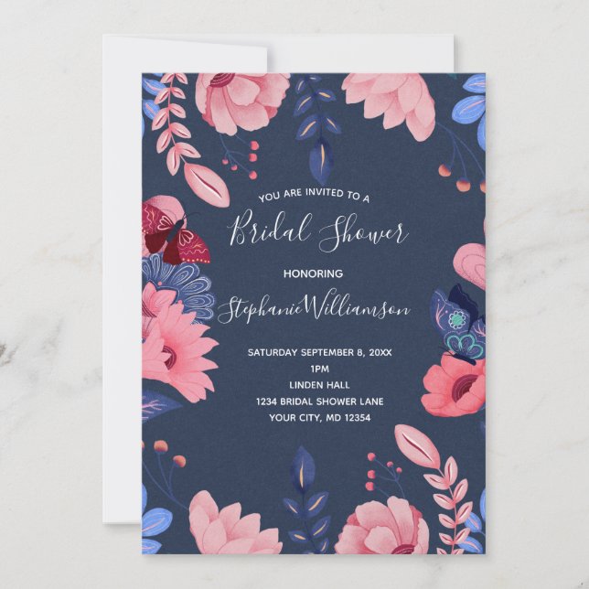 Invitation Fête des mariées lettres bleu bleu rose floral bla (Devant)