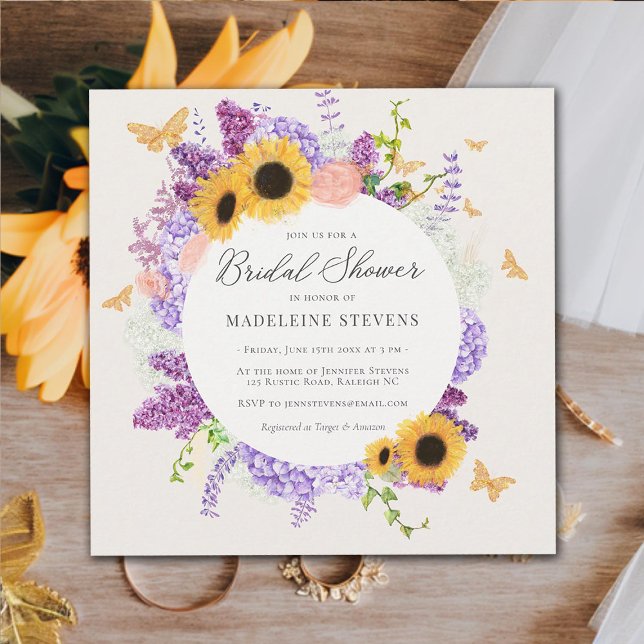 Invitation Fête des mariées Lilac de tournesol à papillon rus (rustic butterfly bridal shower invitation sunflower hydrangea lilac wreath elegant modern romantic)