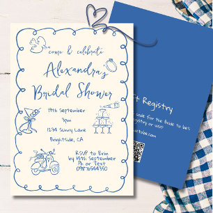 Invitation Fête des mariées Main dessinée crème bleue Whimsic