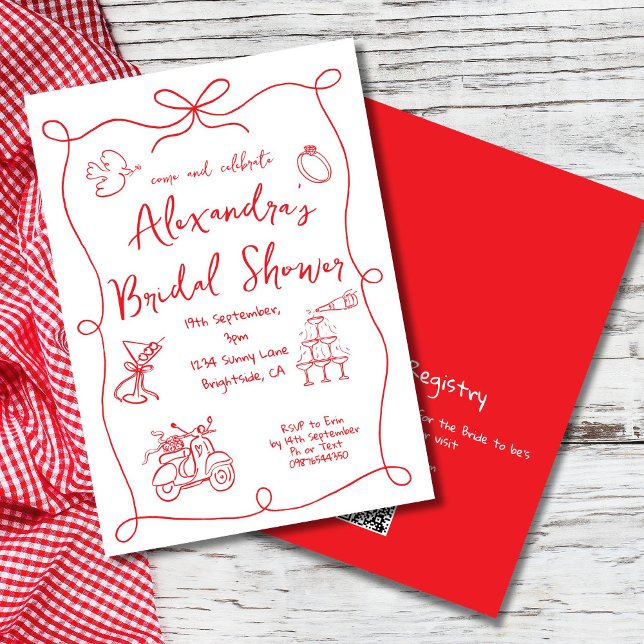 Invitation Fête des mariées main tiré rouge blanc Whimsical (Créateur téléchargé)