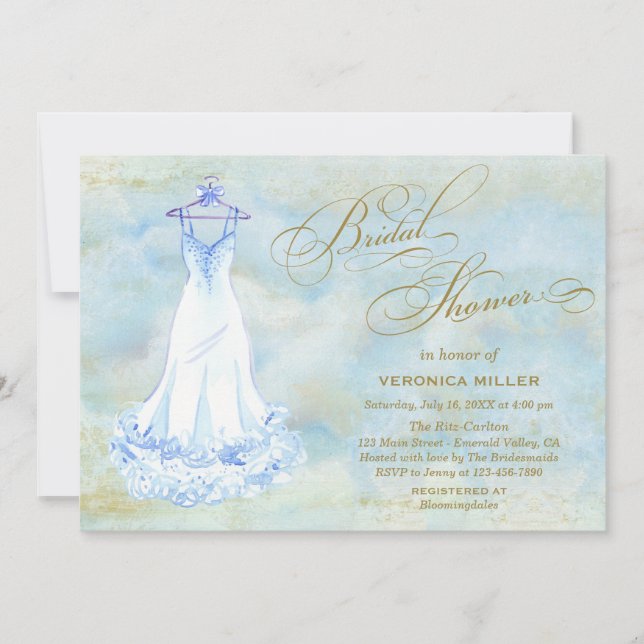 Invitation Fête des mariées Mariage bleu aquarelle (Devant)