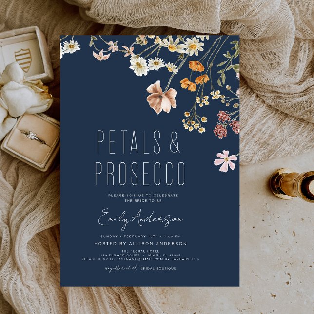 Invitation Fête des mariées Marine Blue Petals & Prosecco (Créateur téléchargé)