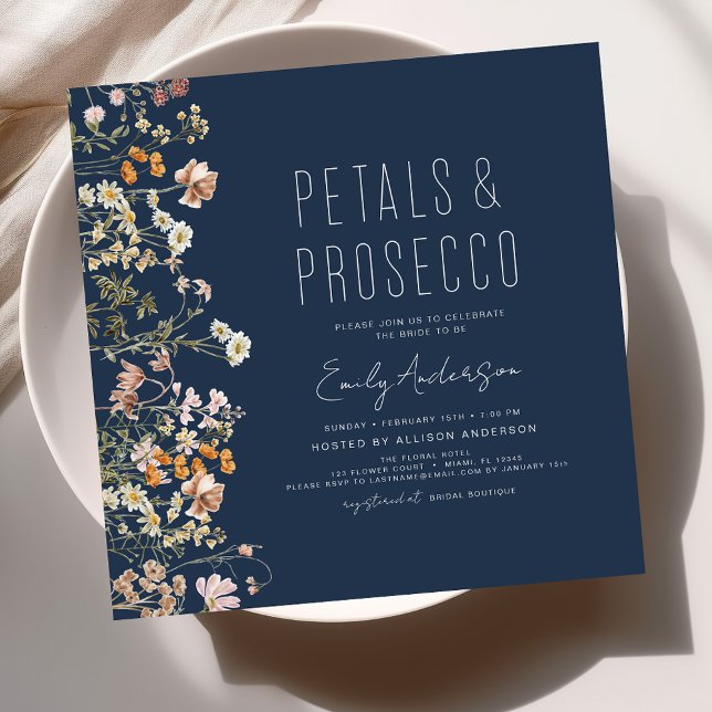 Invitation Fête des mariées Marine Blue Petals & Prosecco (Créateur téléchargé)