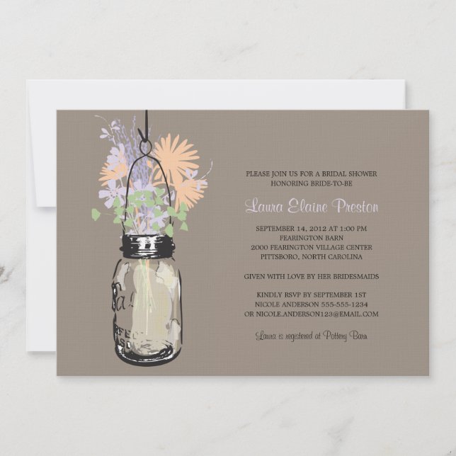 Invitation Fête des mariées Mason Jar et Fleurs sauvages (Devant)