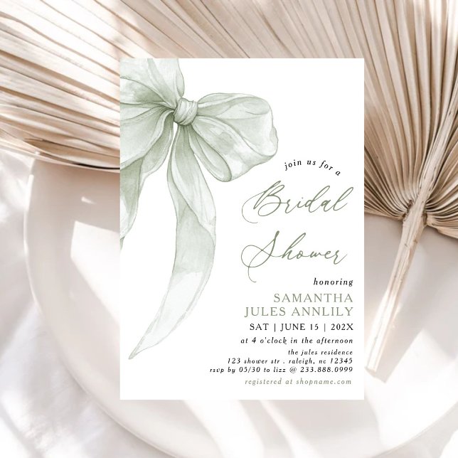 Invitation Fête des mariées moderne Coquette Sage Green Bow (Créateur téléchargé)