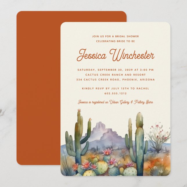Invitation Fête des mariées moderne de Cactus du désert de Te (Devant / Derrière)