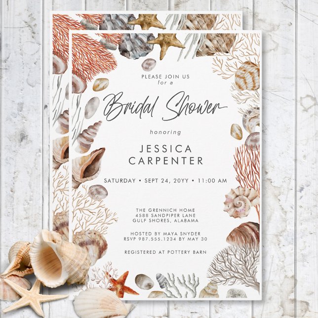 Invitation Fête des mariées moderne de cadre de coquillages t (Modern Tropical Seashell Frame Bridal Shower Invitation)